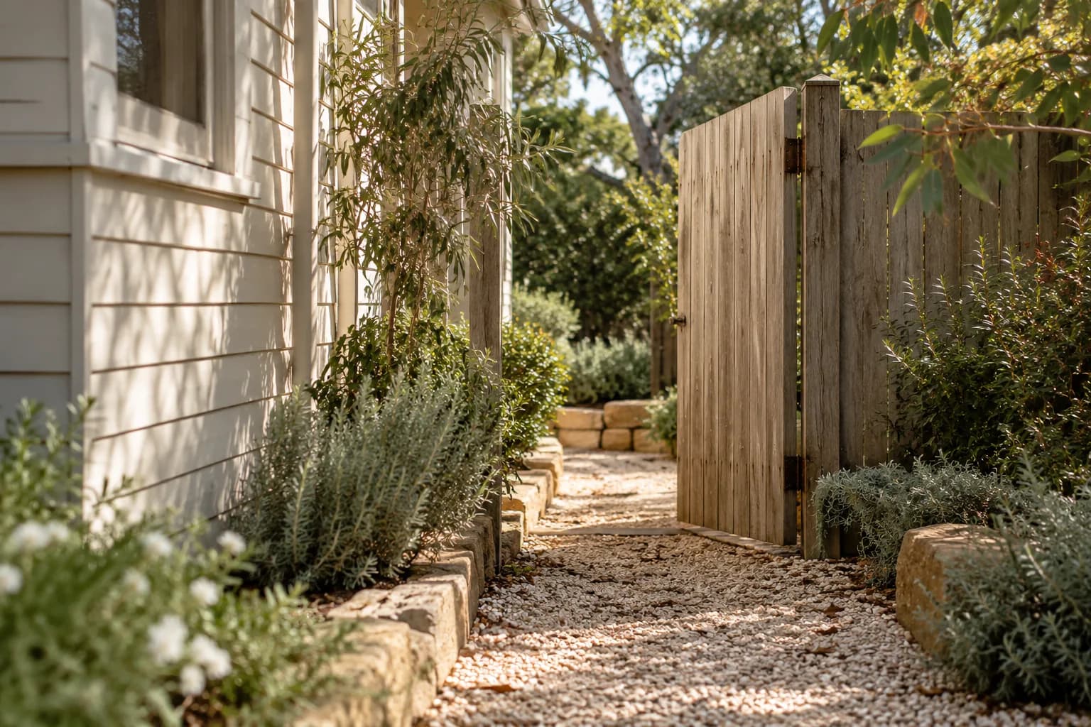 A timber gate stands ajar along a gravel garden path beside a weatherboard home.