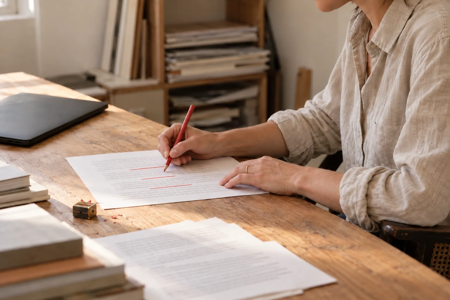 A person proofreads a printed page with a red pencil at a timber office desk.