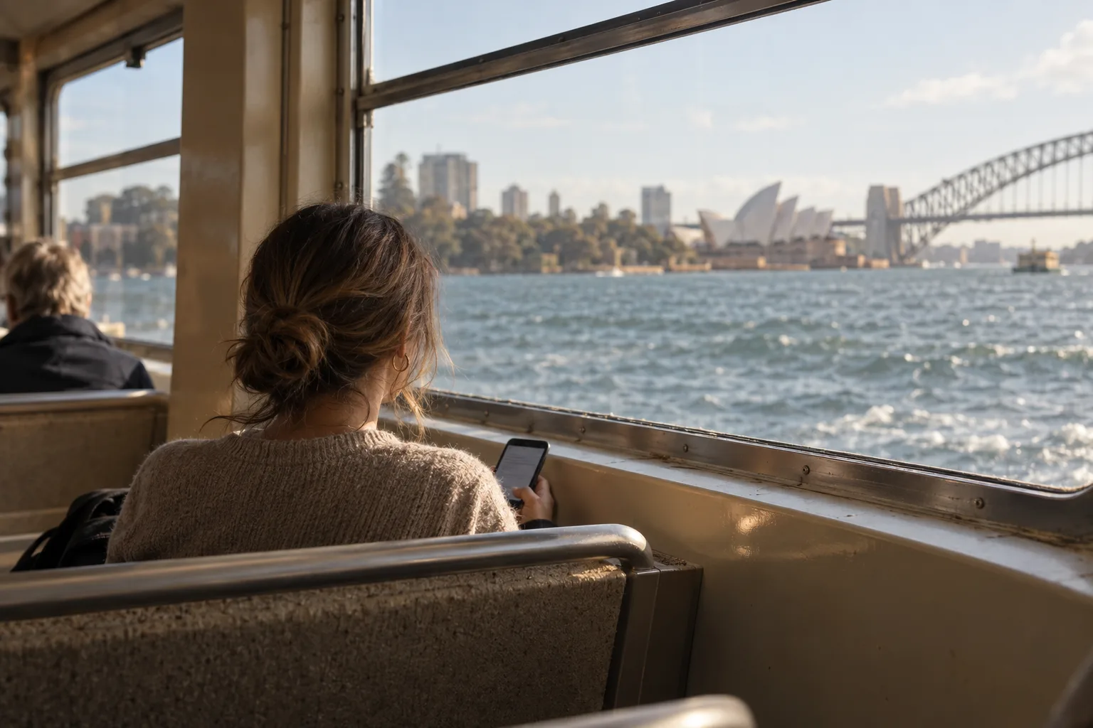 A passenger uses her phone beside a ferry window overlooking Sydney Harbour.