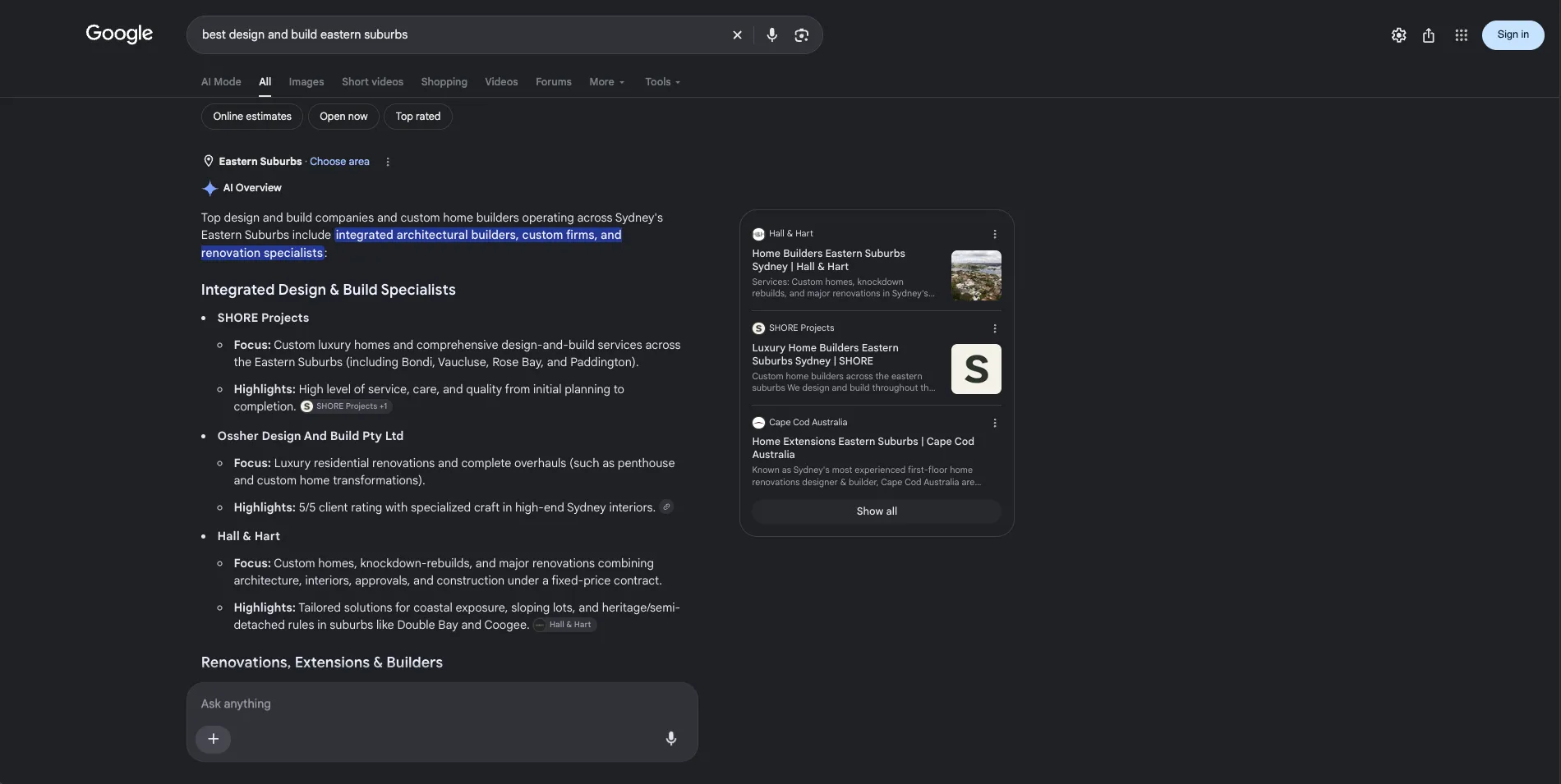 Google AI Overview listing SHORE Projects for design and build in Sydney's Eastern Suburbs