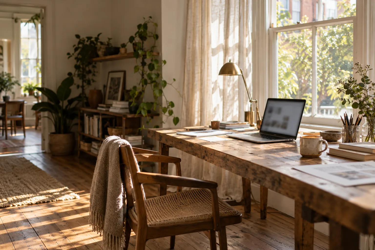 An open laptop and coffee sit on a sunlit studio desk beside a pushed-back chair.