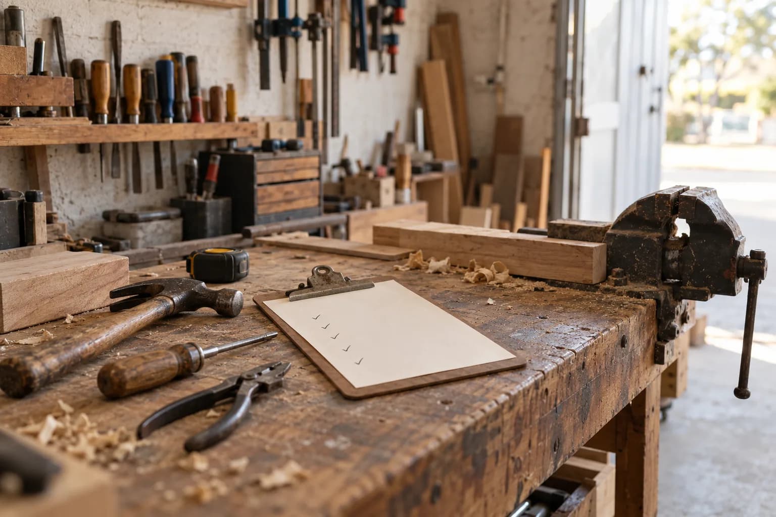 A clipboard with tick marks rests among worn tools on a tradie’s workshop bench.