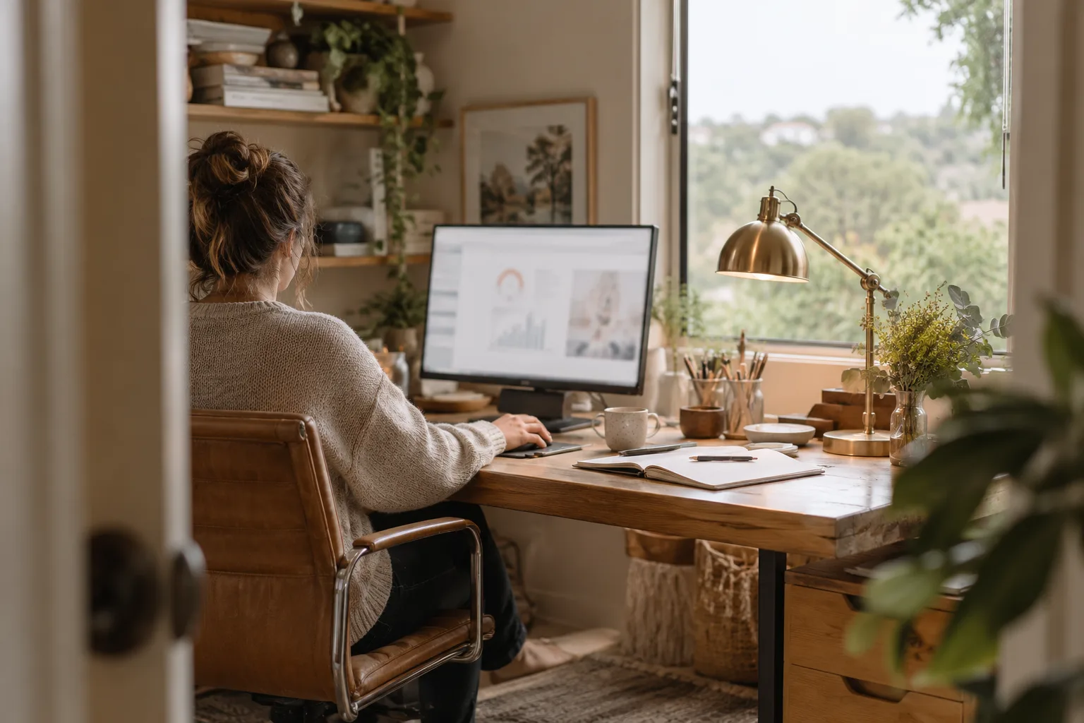 A worker reviews a monitor at a timber desk beside a bright home-office window.