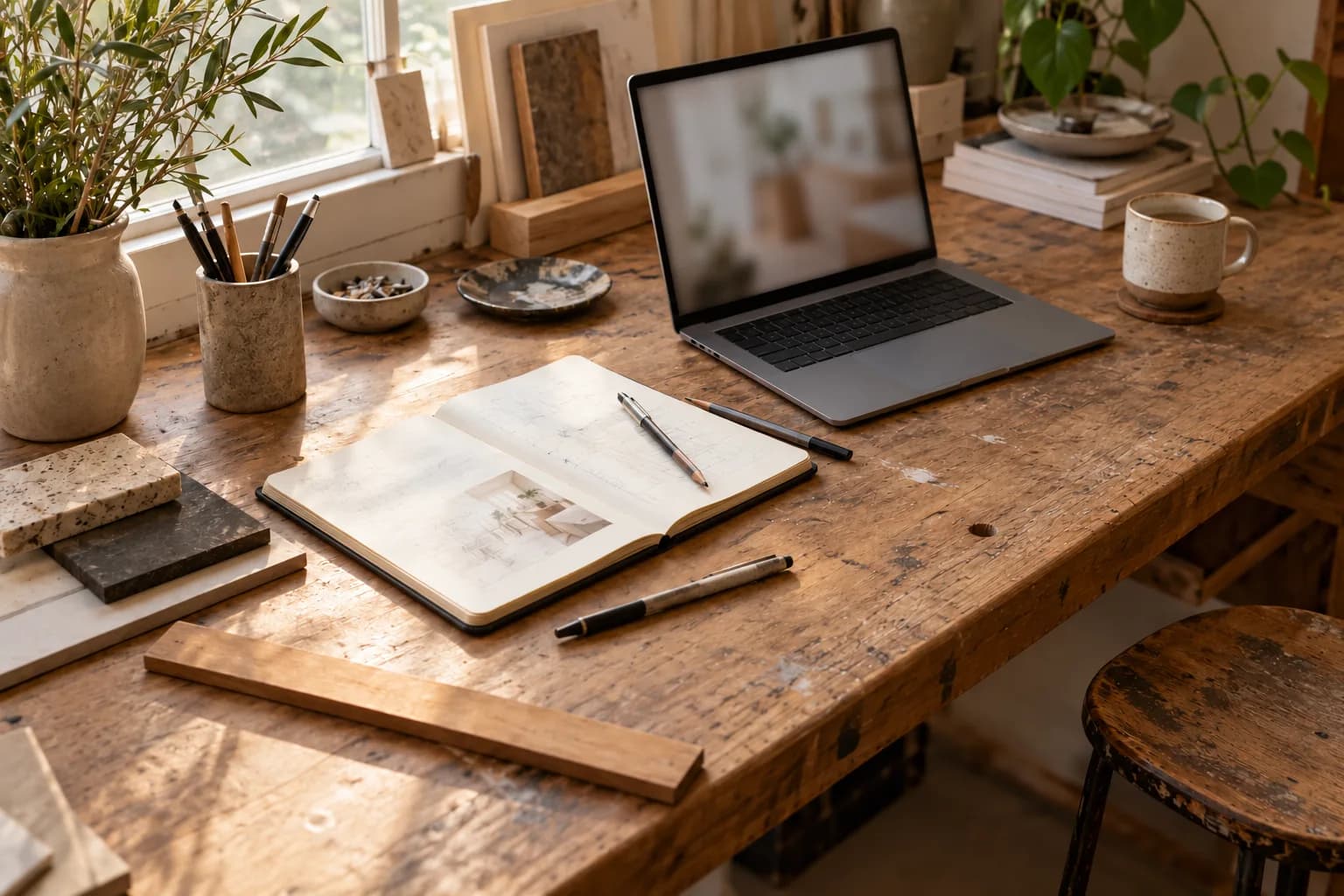 A laptop, notebook and drawing tools lie across a worn timber studio workbench.