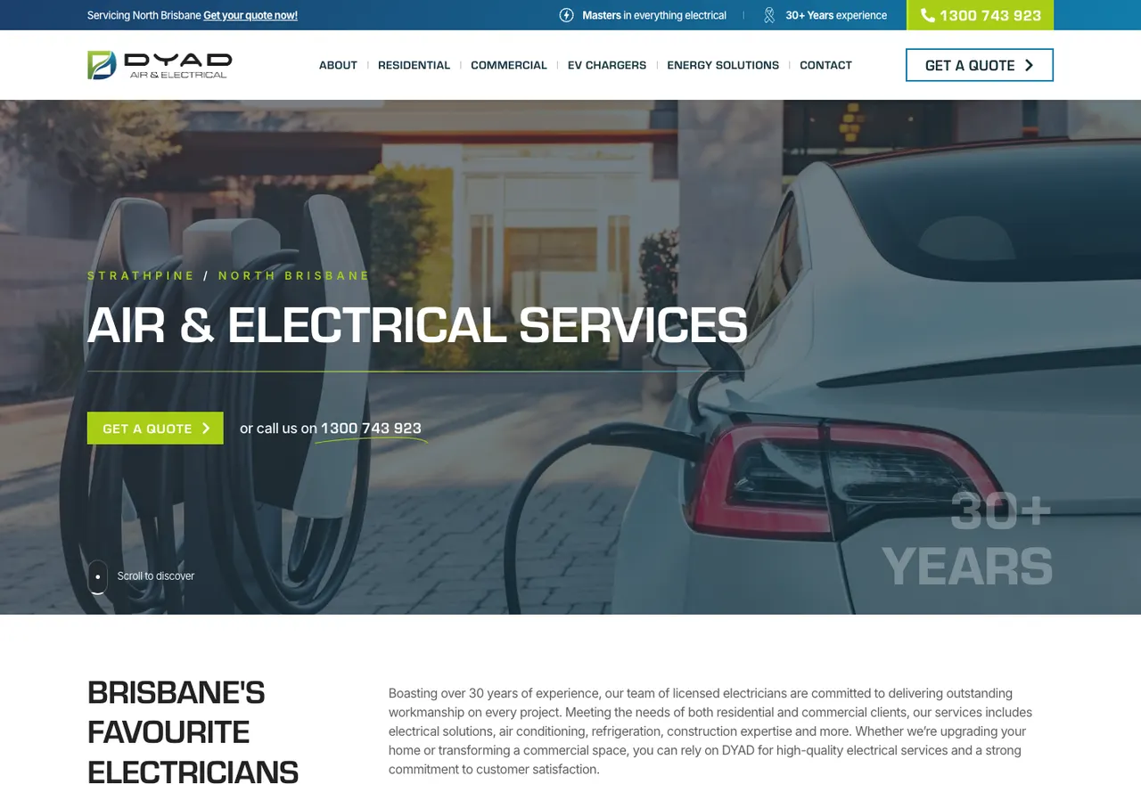 Dyad Air & Electrical homepage captured on 9 October 2026 at desktop width