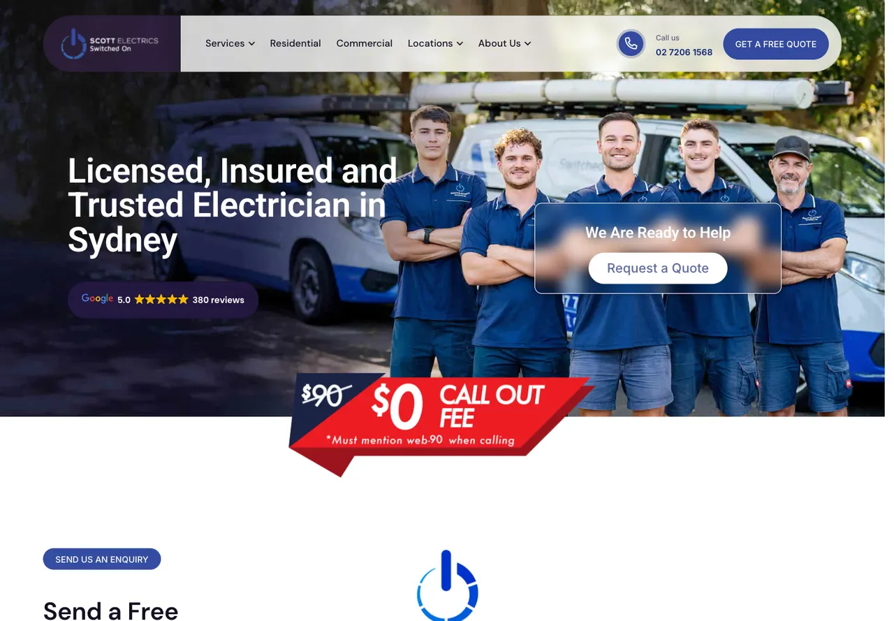 Scott Electrics homepage captured on 9 October 2026 at desktop width