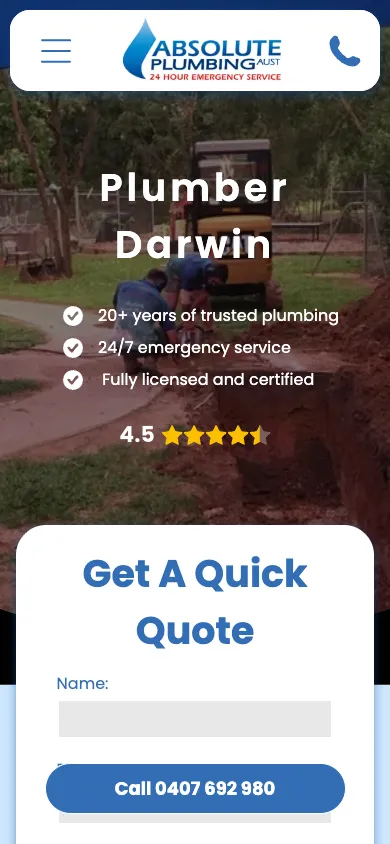 Absolute Plumbing Australia mobile homepage captured at 390 by 844 pixels