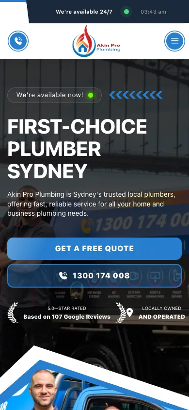 Akin Pro Plumbing mobile homepage captured at 390 by 844 pixels