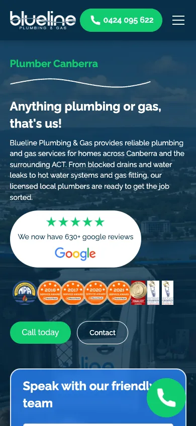 Blueline Plumbing & Gas mobile homepage captured at 390 by 844 pixels