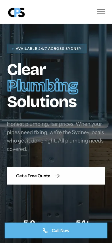 Clear Plumbing Solutions mobile homepage captured at 390 by 844 pixels