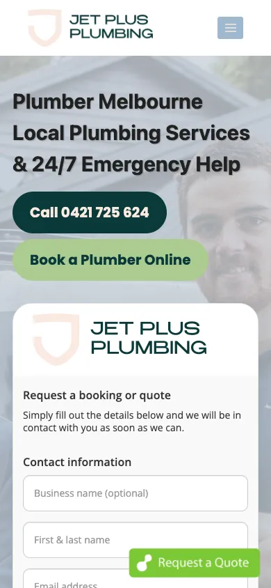 Jet Plus Plumbing mobile homepage captured at 390 by 844 pixels