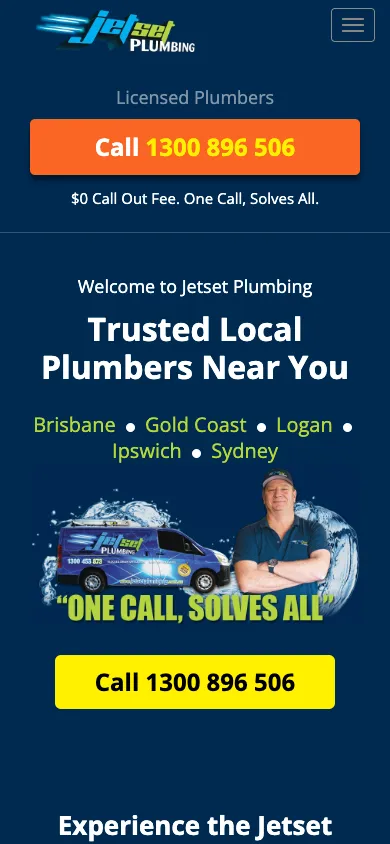 Jetset Plumbing mobile homepage captured at 390 by 844 pixels