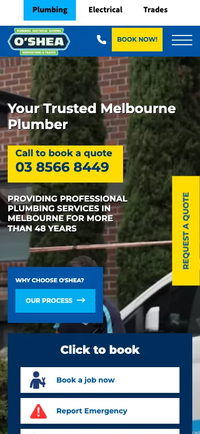 O'Shea Plumbing mobile homepage captured at 390 by 844 pixels