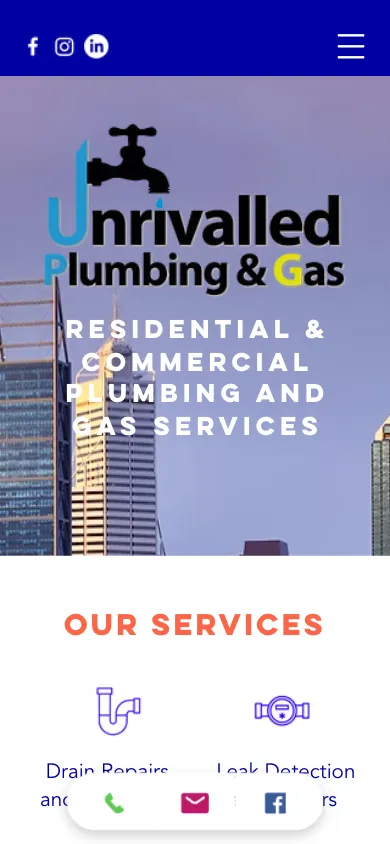 Unrivalled Plumbing & Gas mobile homepage captured at 390 by 844 pixels