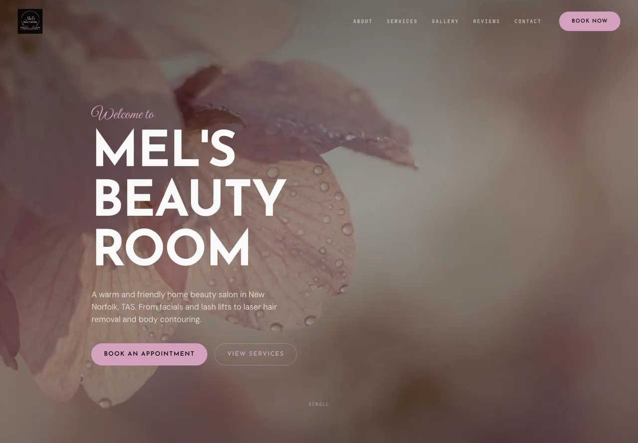 Mel's Beauty Room homepage captured on 9 October 2026 at desktop width