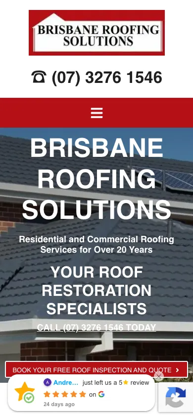 Brisbane Roofing Solutions mobile homepage in our 390 by 844 capture