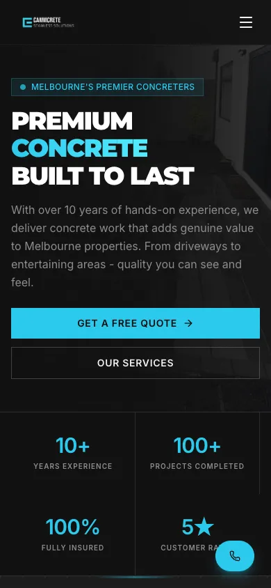 Cammcrete mobile homepage in our 390 by 844 capture