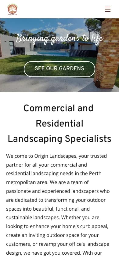 Origin Landscapes mobile homepage in our 390 by 844 capture