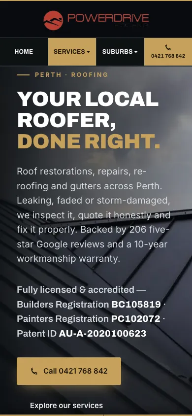Powerdrive Roofing mobile homepage in our 390 by 844 capture