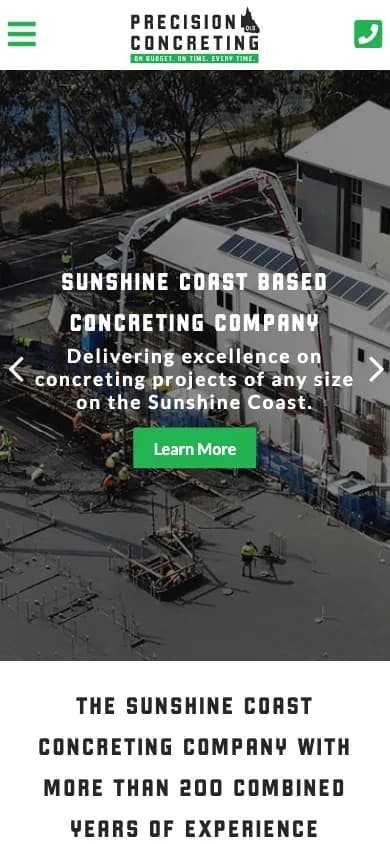 Precision Concreting QLD mobile homepage in our 390 by 844 capture