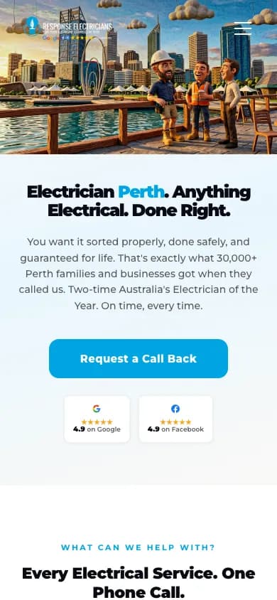 Response Electricians mobile homepage in our 390 by 844 capture