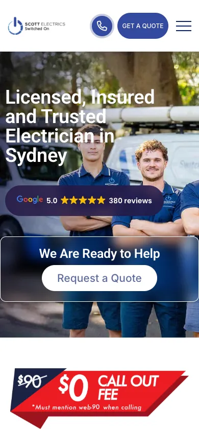 Scott Electrics mobile homepage in our 390 by 844 capture