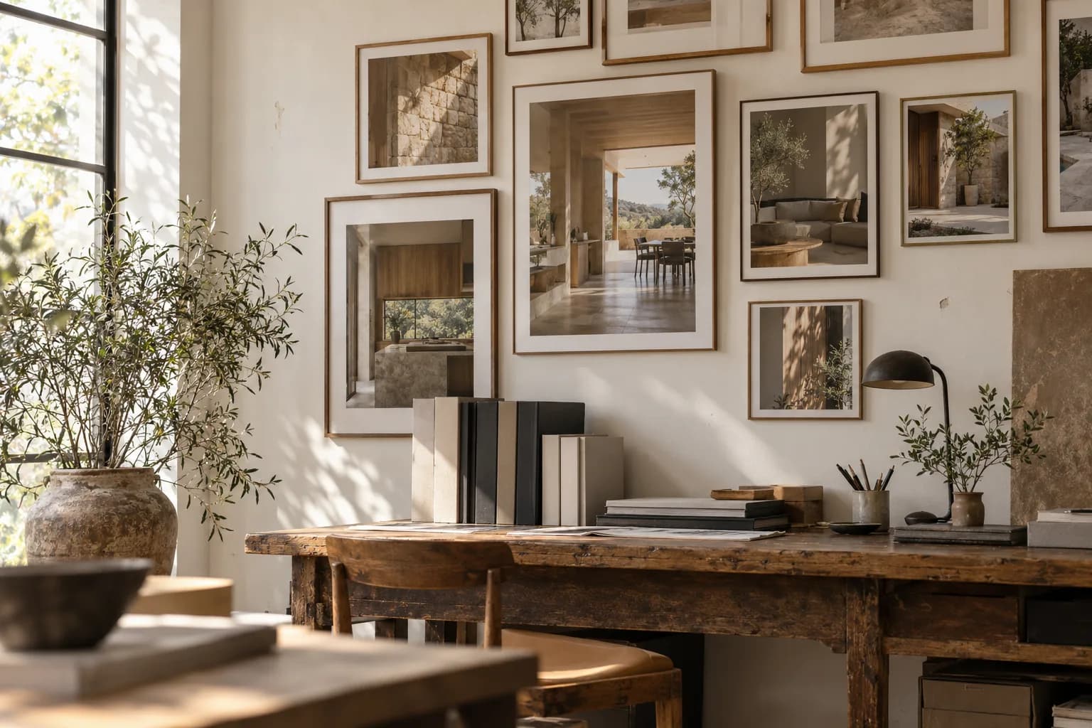 Framed interior photographs hang above a studio desk holding folders and drawing materials.