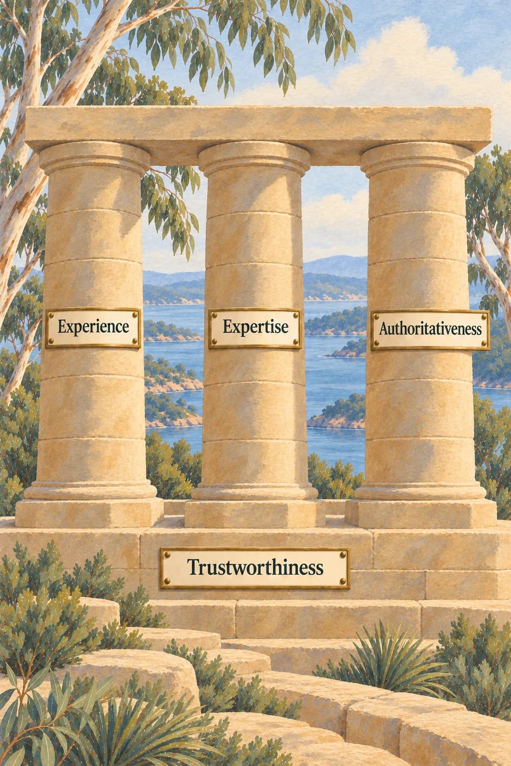 Three sandstone columns rise from a broad trust foundation, showing how experience, expertise and authority support trustworthiness.