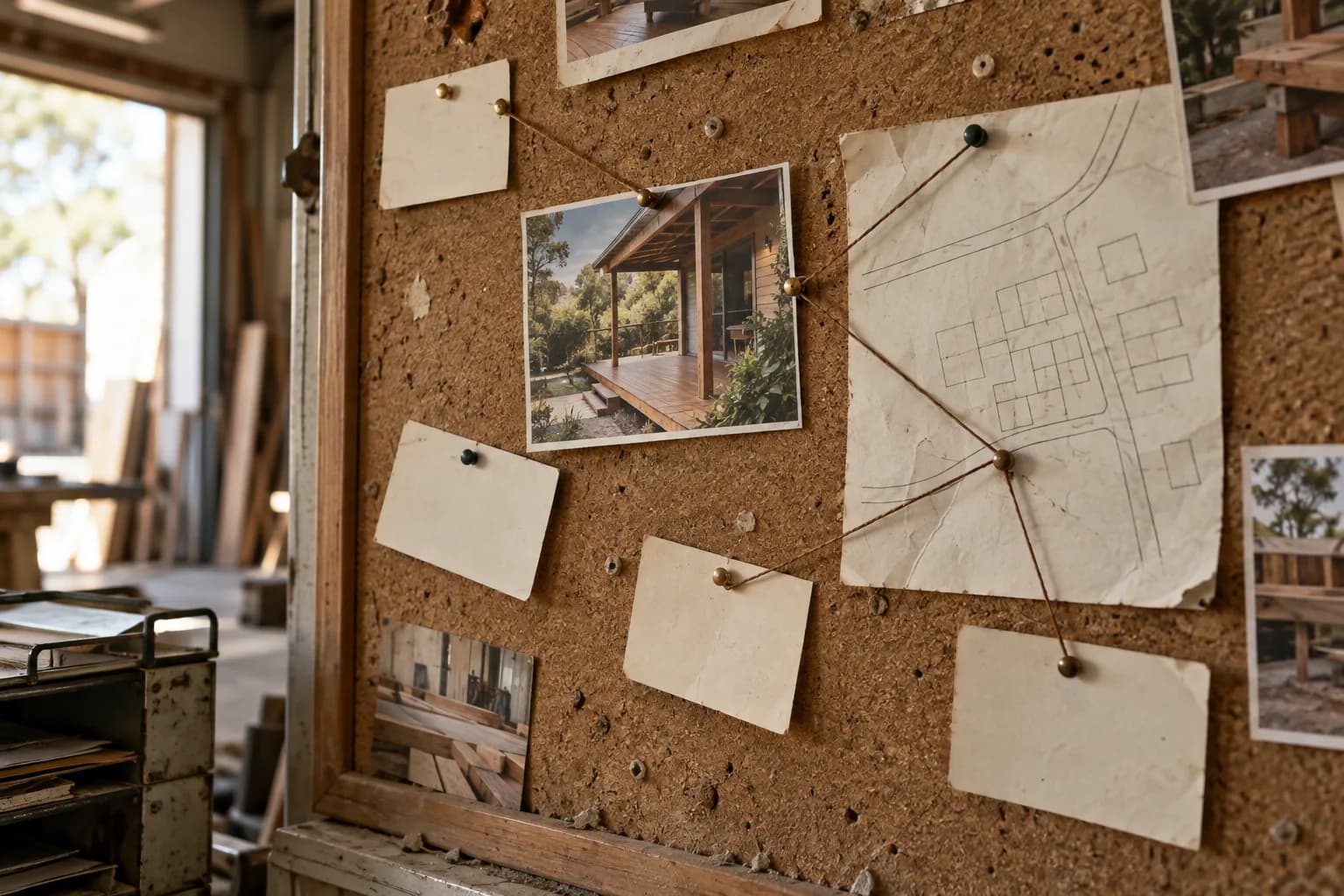 Job photographs and a hand-drawn street map linked with string on a workshop office corkboard.