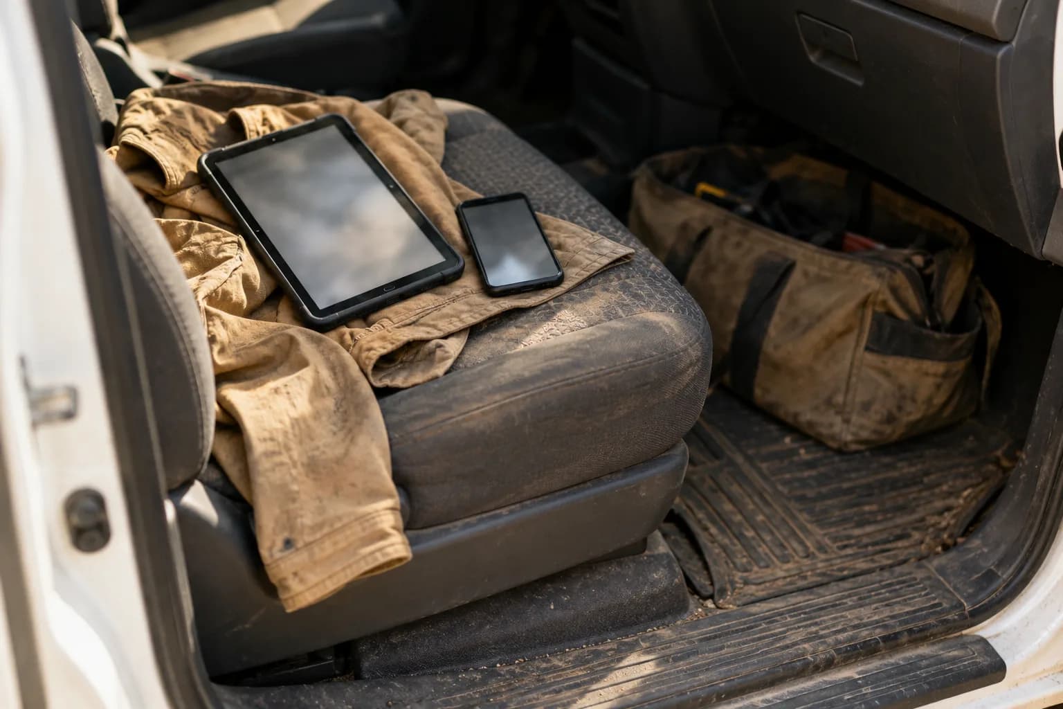 A tablet and phone rest on a work jacket across a ute’s worn passenger seat.