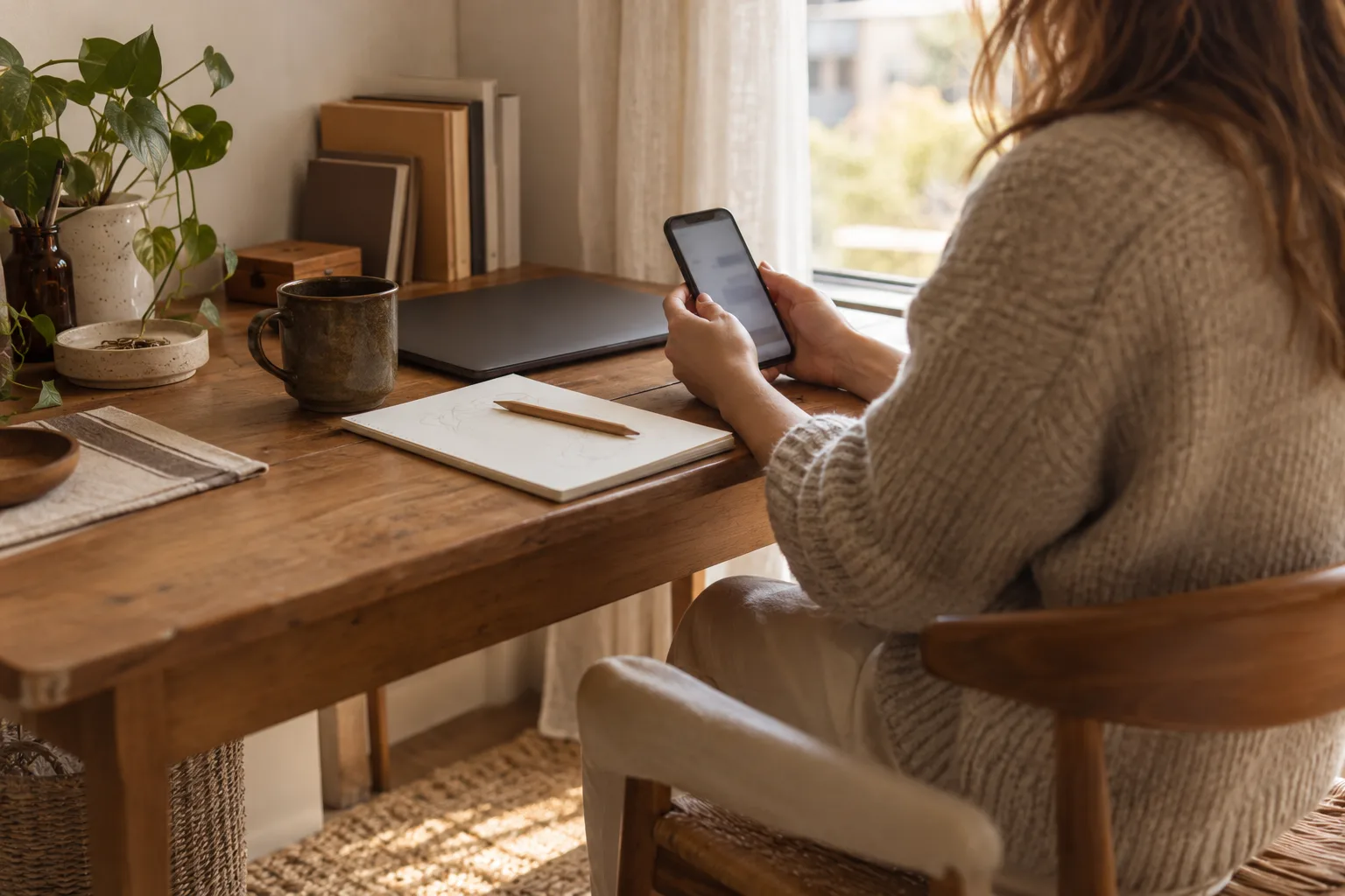 A person checks a phone beside an open notebook at a timber desk.
