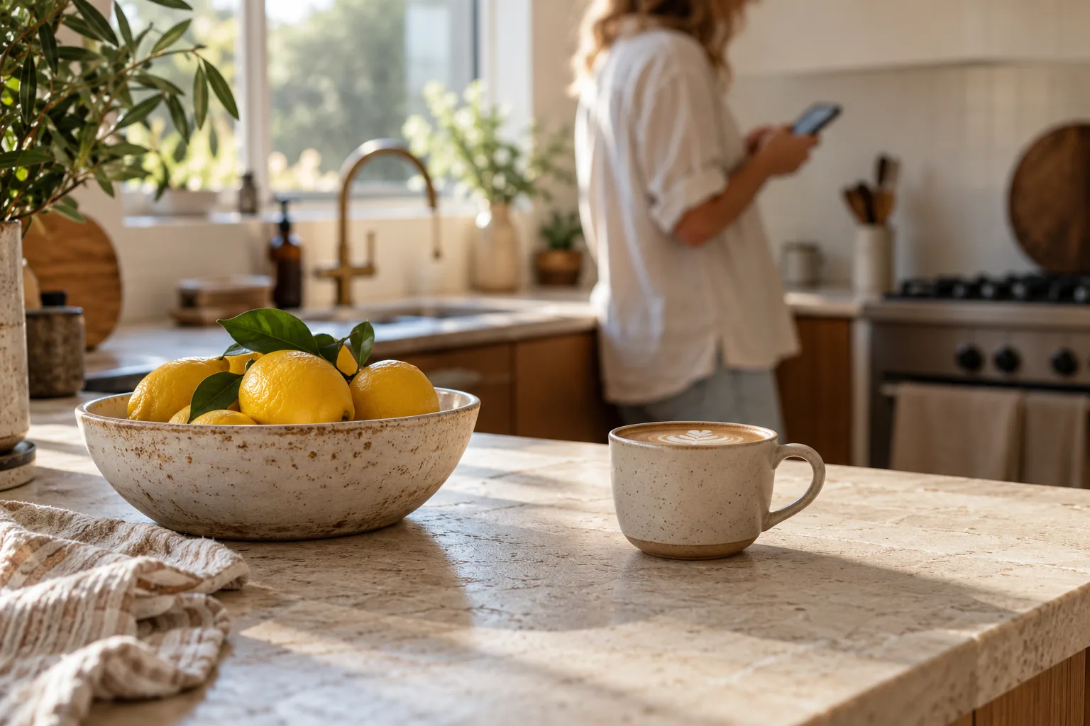 A person checks a phone in a kitchen behind a bowl of lemons and a flat white.