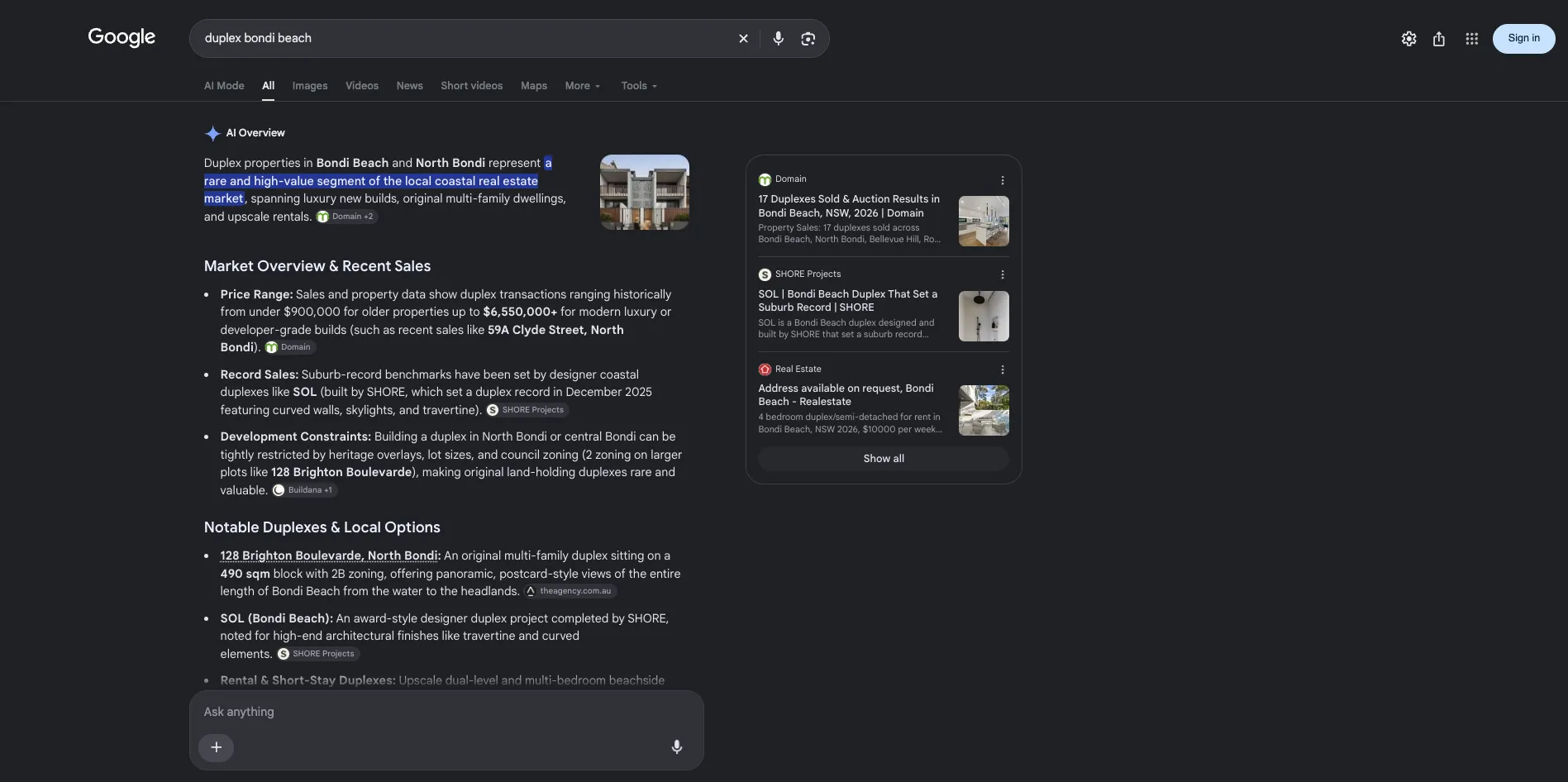 Google AI Overview for duplex bondi beach naming SOL, a duplex built by SHORE, with a page from SHORE’s website listed in the source panel beside two property sites