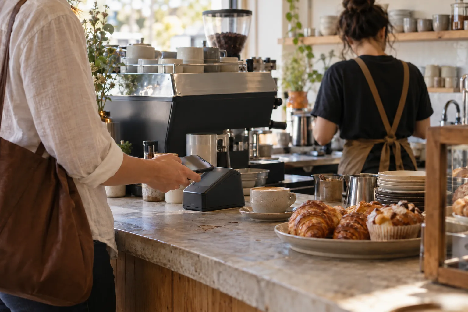 A café customer taps a phone at the counter while a barista prepares drinks.