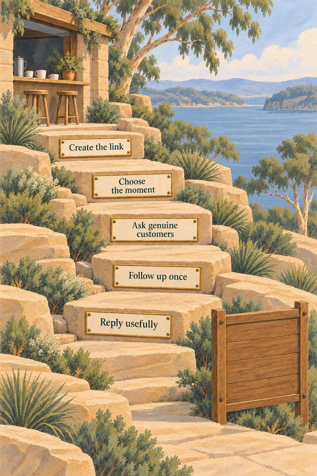 Five labelled stepping stones lead from a café counter to a noticeboard, showing a repeatable routine for requesting and answering reviews.