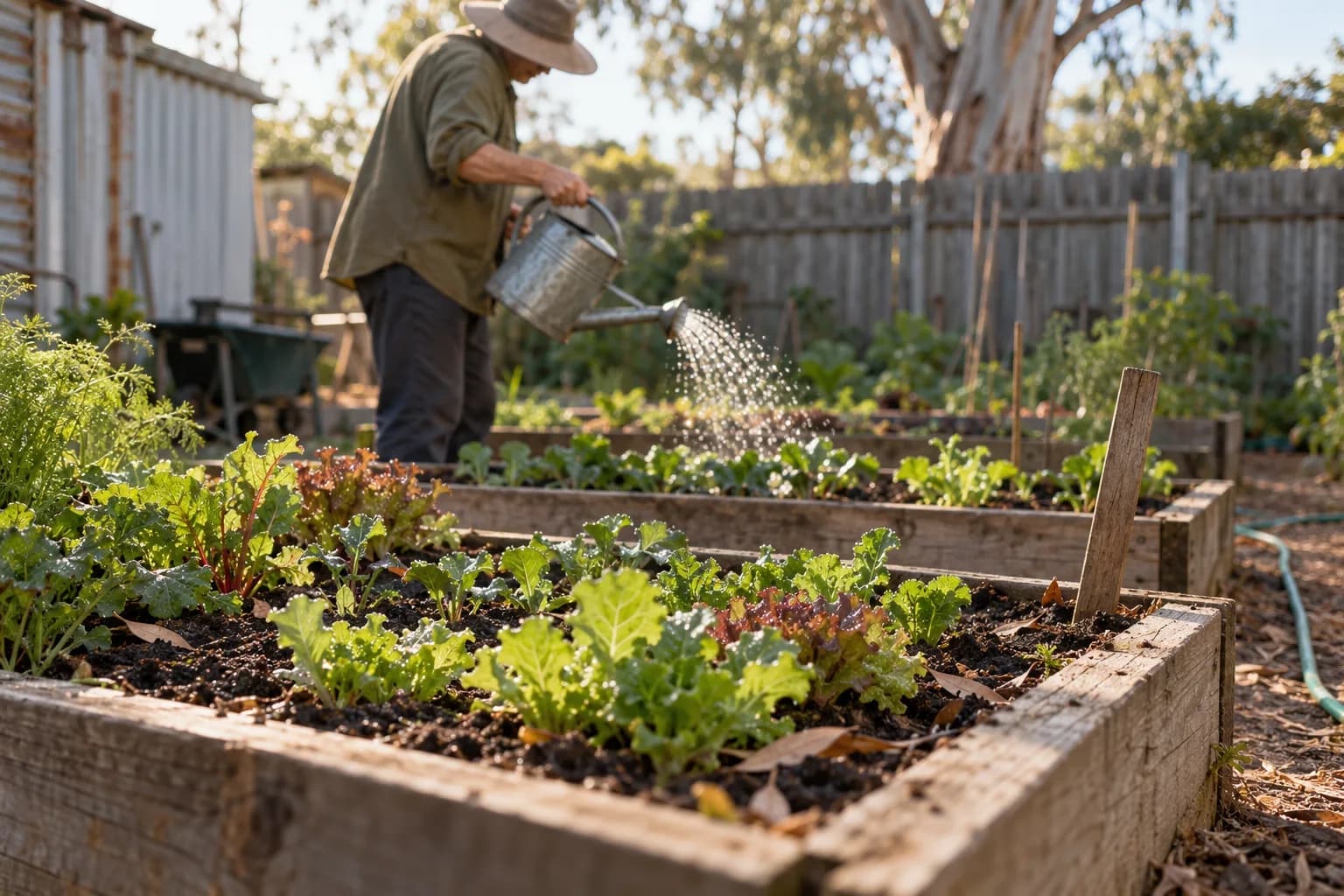 A gardener waters rows of seedlings in timber raised beds beside a suburban garden shed.