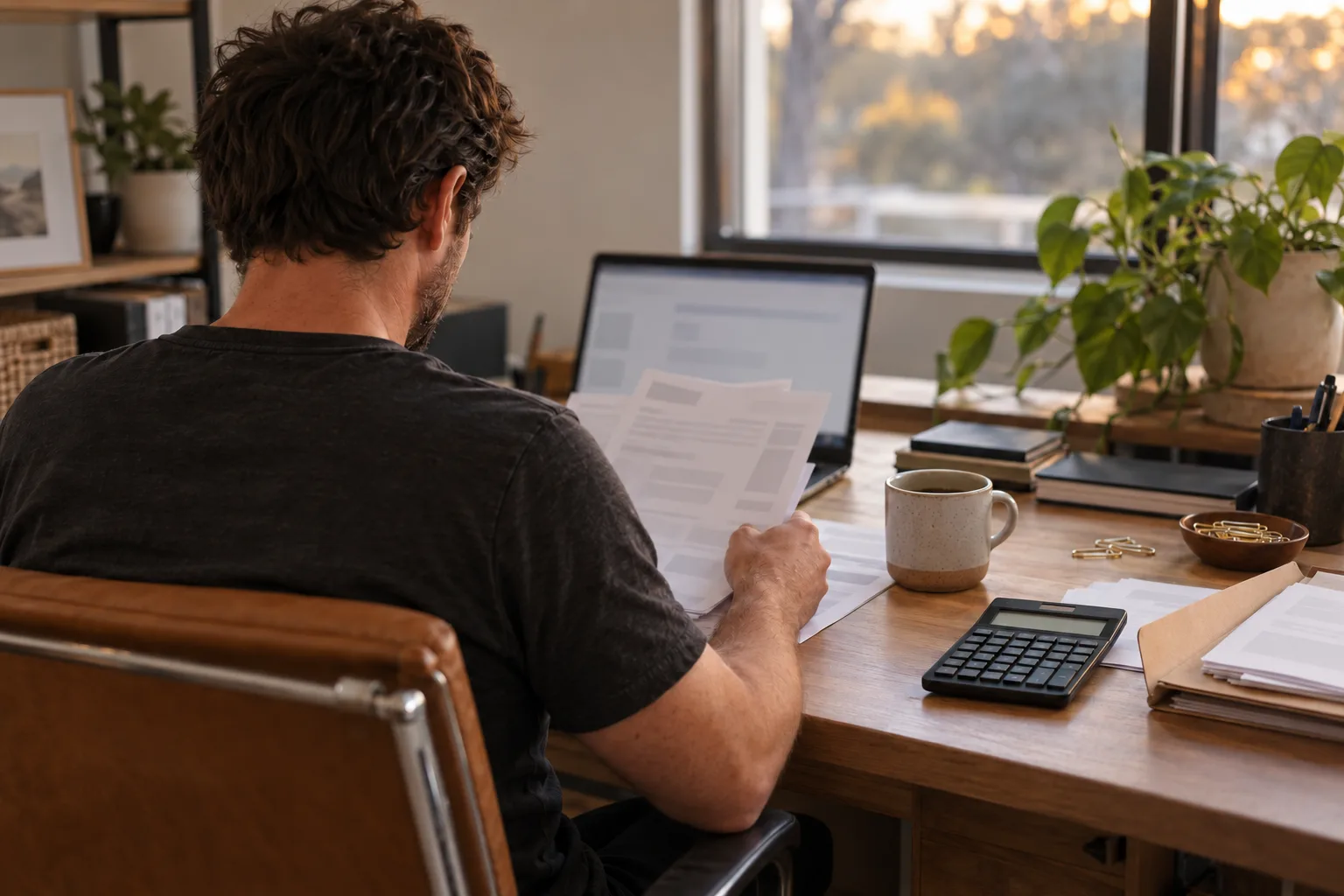 A business owner reviews paperwork at a desk with a calculator and coffee.