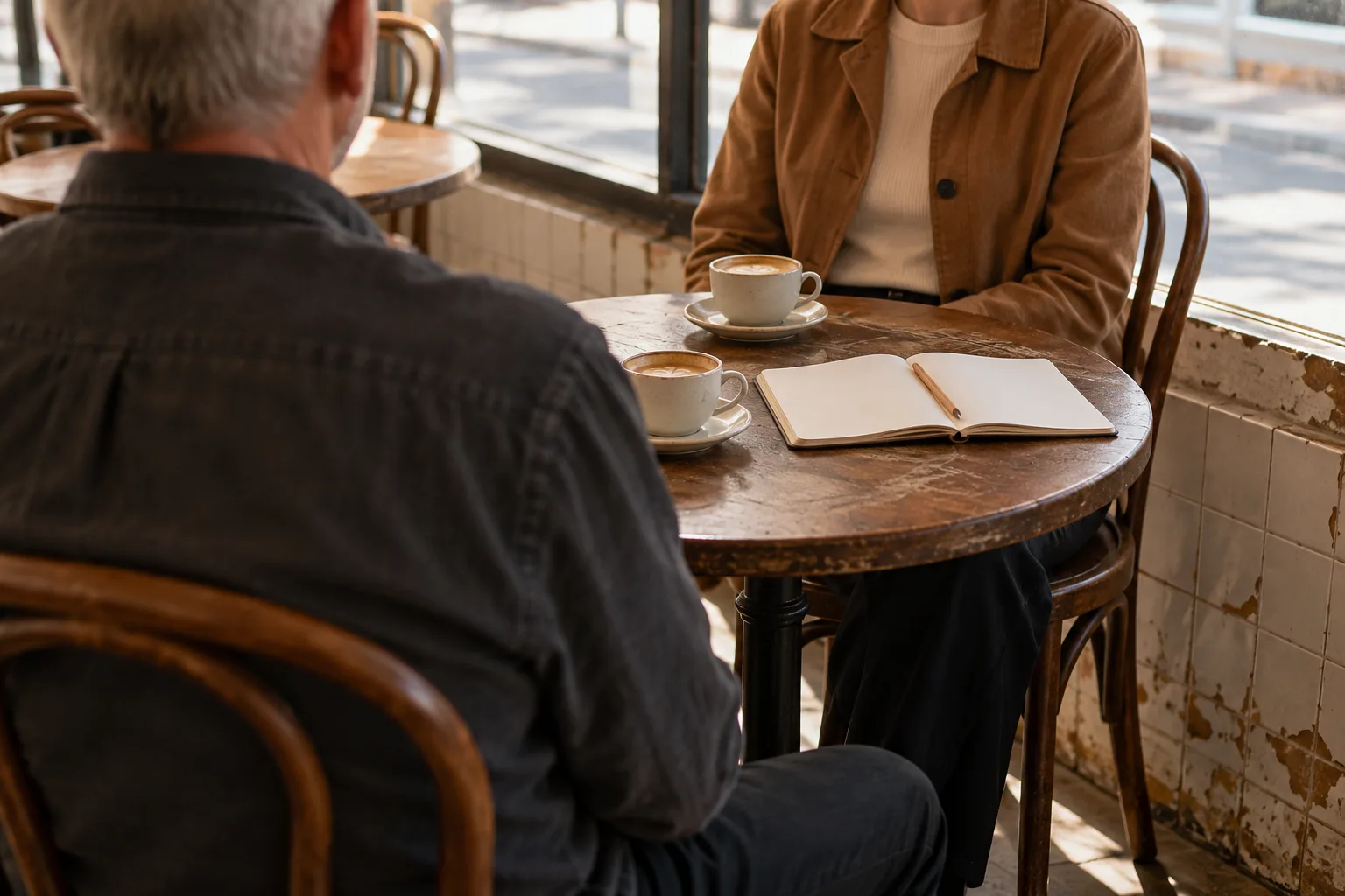 Two people meet over coffee and an open notebook at a small café table beside a window.