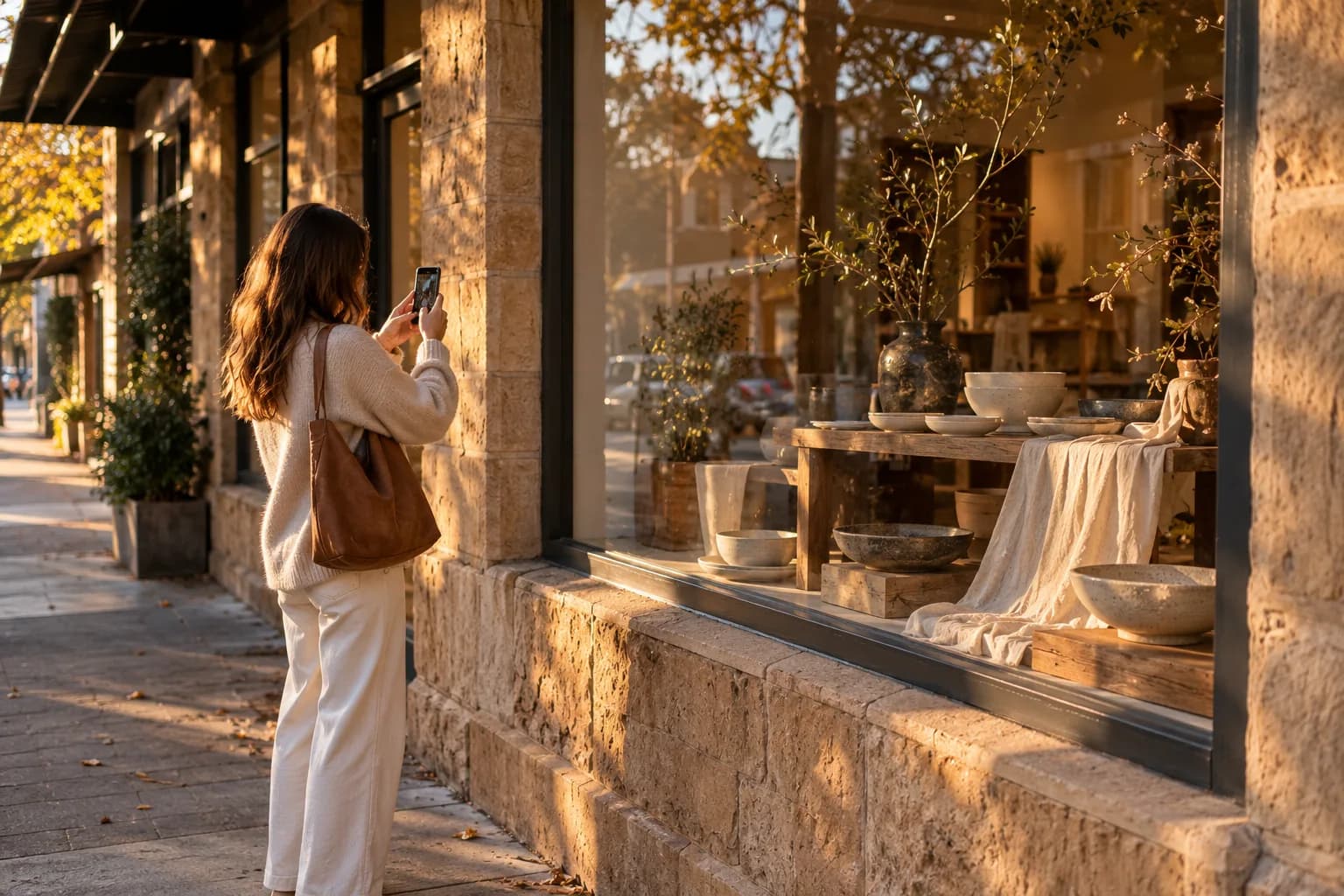 A person photographs a homewares shopfront window filled with ceramics in golden afternoon light.