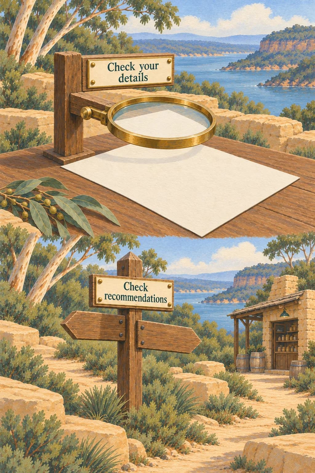 Two separate sandstone stations use a magnifier and signpost to distinguish checking business details from checking recommendations.