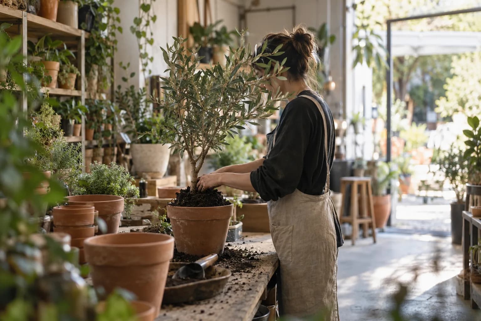 A plant shop worker repots a young olive tree at a soil-covered timber bench.