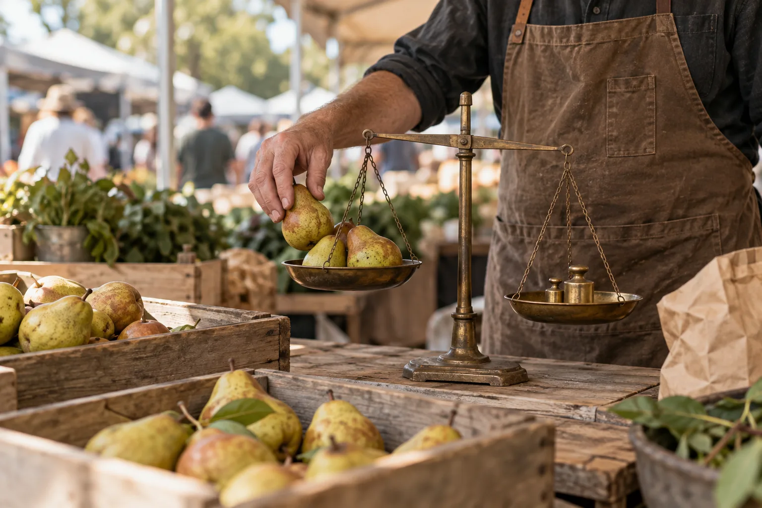 A market stallholder weighs pears on brass balance scales beside timber crates of fresh produce.