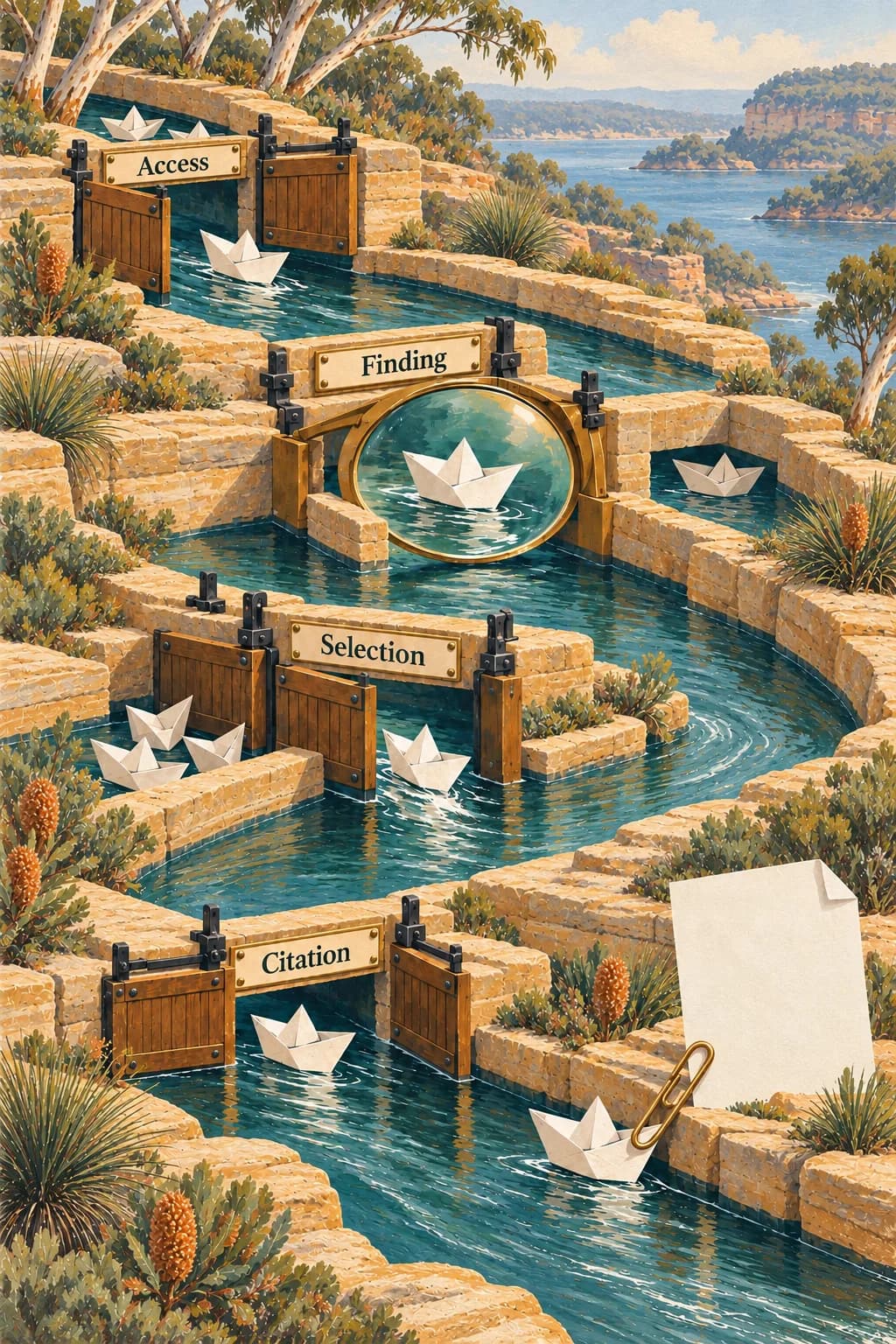 Paper boats travel a sandstone canal through four gates marked Access, Finding, Selection and Citation, each a separate check before a page is linked.
