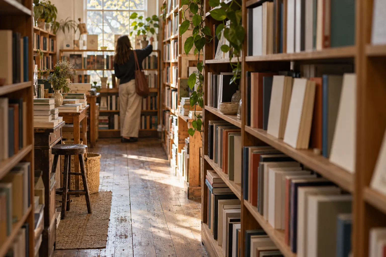A reader reaches for a book between timber shelves in a sunlit bookshop.