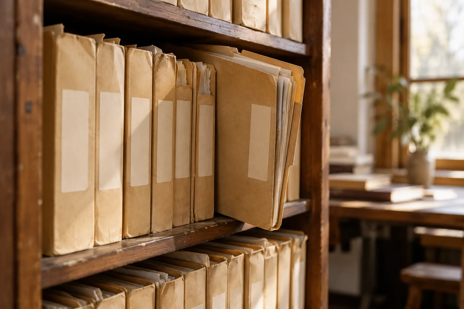 One manila folder is pulled forward from a timber archive shelf of blank-labelled files.
