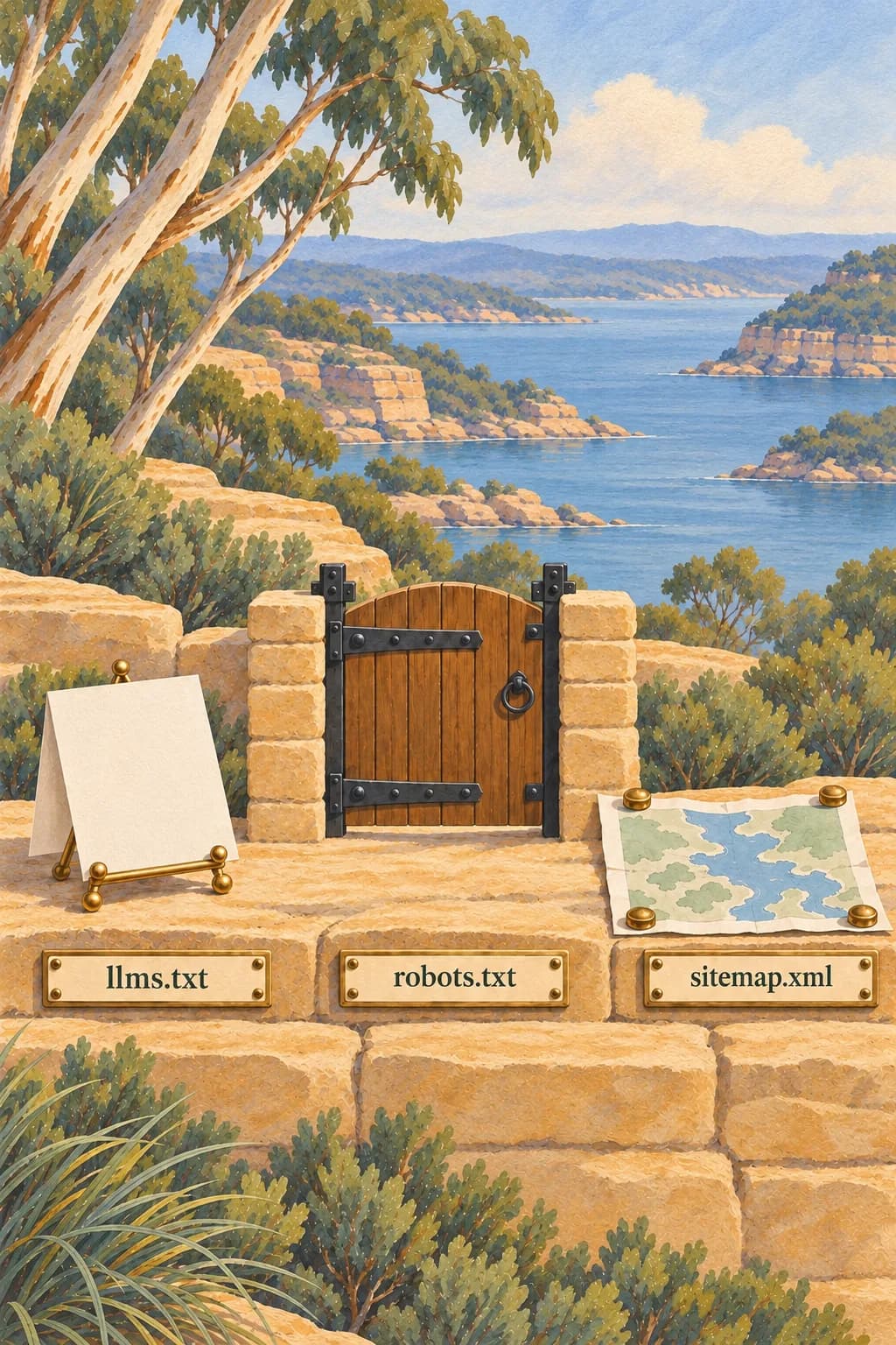 A welcome note, timber gate and paper map show three website files with distinct roles that do not replace one another.