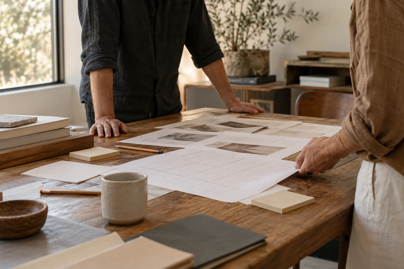 Two colleagues review paper grids and sticky notes around a timber meeting table.