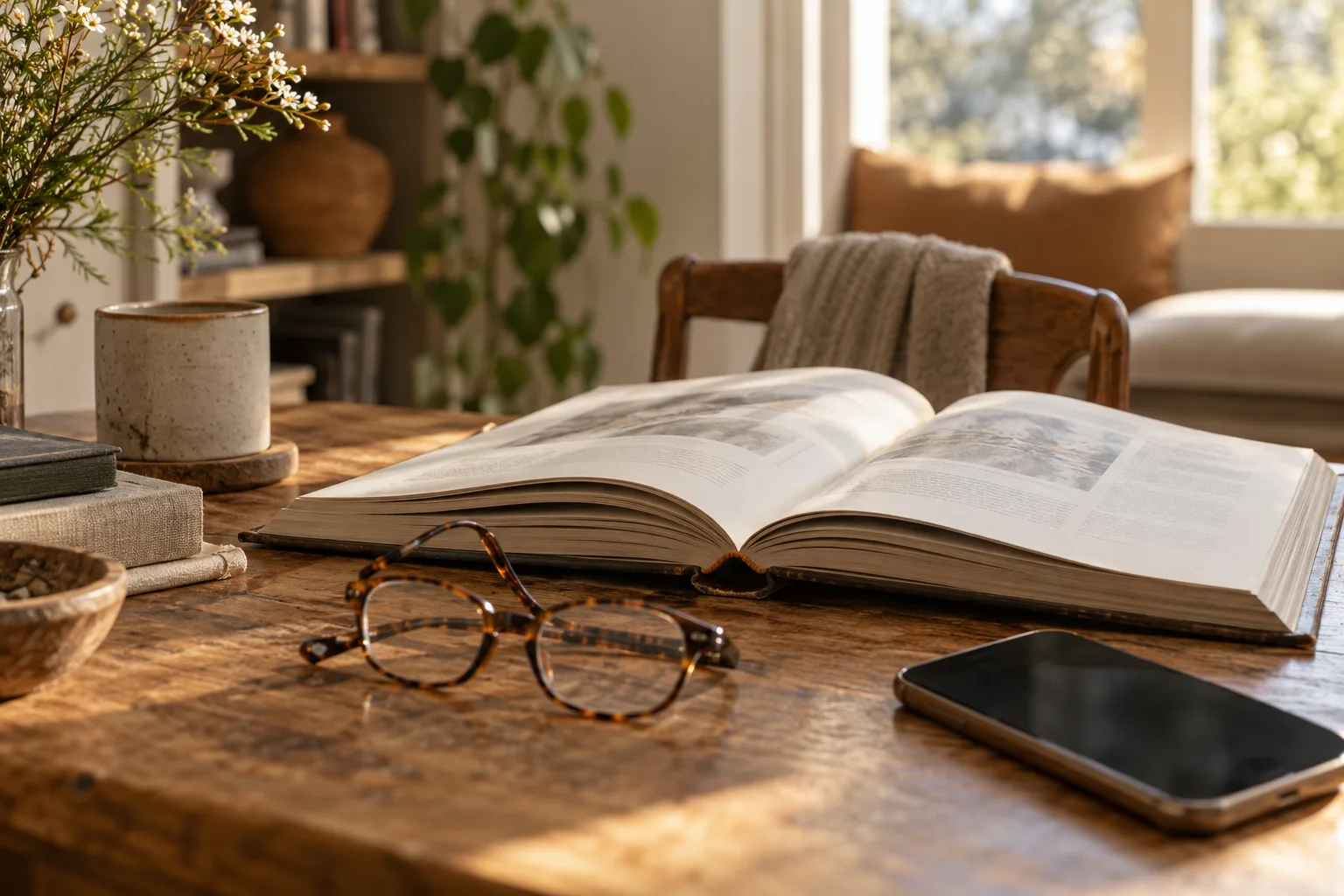 An open reference book, reading glasses and phone rest on a sunlit timber table.