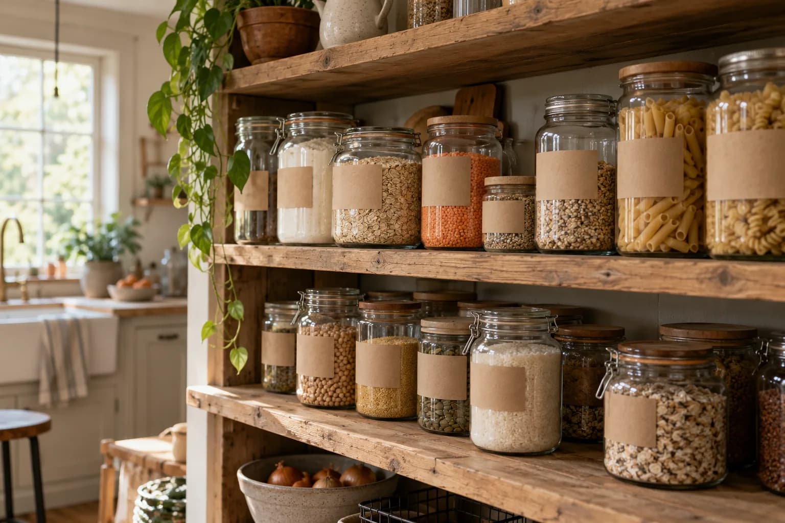 Glass jars with blank kraft labels hold pantry staples on wooden kitchen shelves.