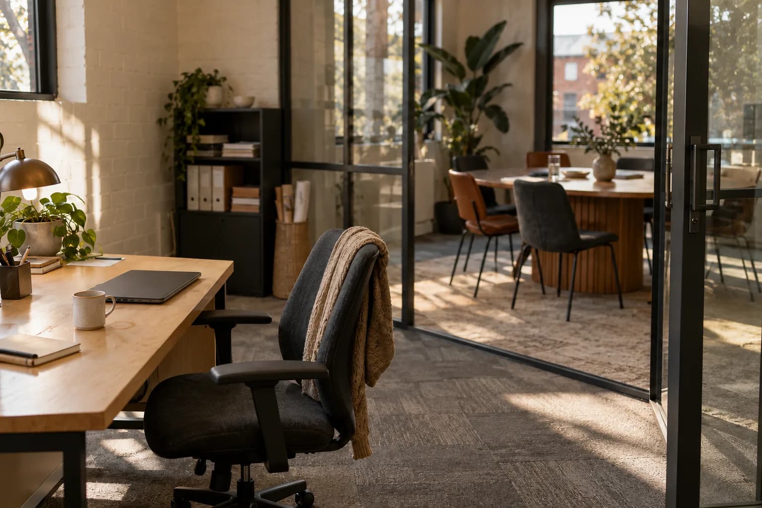 An empty desk and swivel chair face a glass meeting room in a small sunlit office.